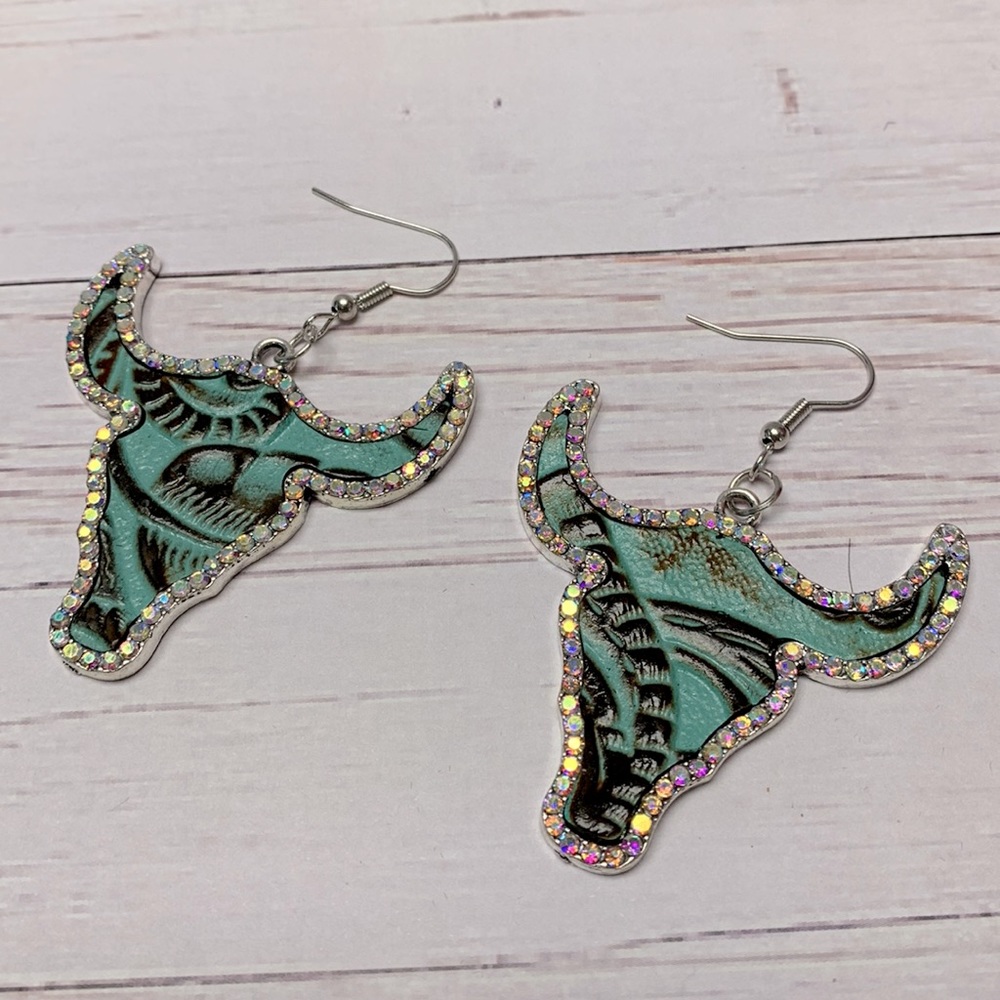 Vintage Style Embossed Steer Earrings with Bling Details